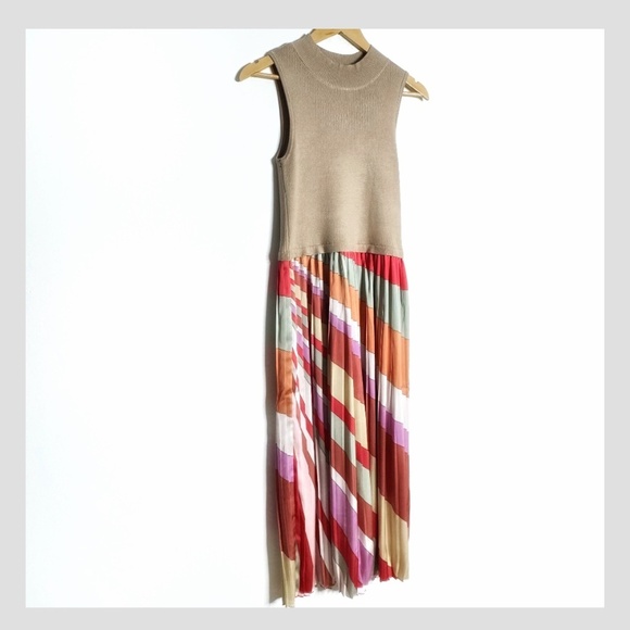 Skies Are Blue Carmine Print Mixed Media Pleated Midi Dress Mock Neck Sleeveless - Picture 15 of 16